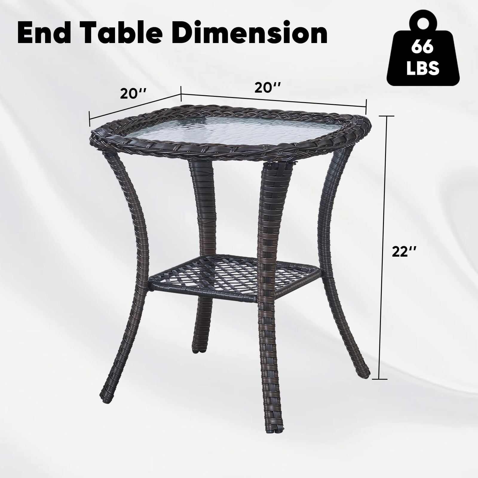 PARKWELL Outdoor Patio Side Table Square Wicker End Table with Glass Top, Brown