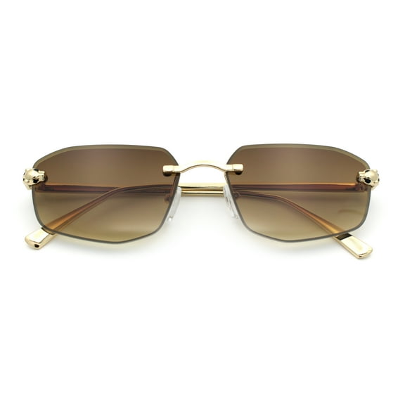 Gangster Rimless Geometric Narrow Rectangle Jaguar Hustler Sunglasses Gold - Brown