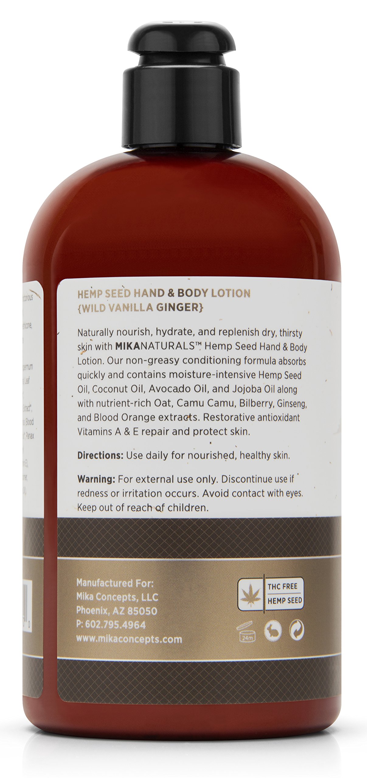 Mika Naturals Wild Vanilla Ginger Hemp Seed Hand & Body Lotion for Dry Skin, 16 fl oz