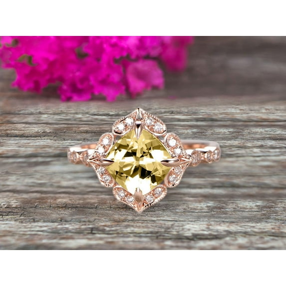 Milgrain 7mm Cushion Cut Champagne Diamond Moissanite Engagement Ring 2.05 Carat Glaring Wedding Ring 10k Rose Gold Floral Art Deco