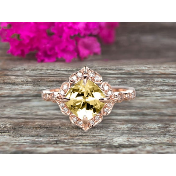 Milgrain 7mm Cushion Cut Champagne Diamond Moissanite Engagement Ring 2.05 Carat Glaring Wedding Ring 10k Rose Gold Floral Art Deco