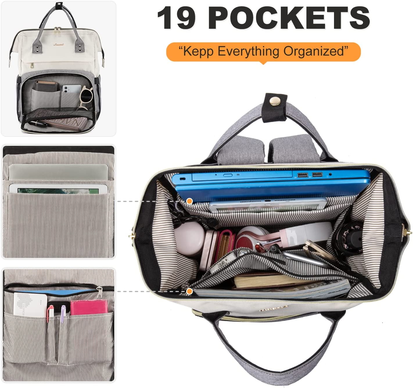 Lovevook Women's Waterproof Nylon Laptop Backpack, Beige-Grey