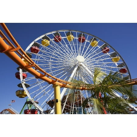 Roller coaster and ferris wheel Pacific Park Santa Monica California United States of America Stretched Canvas - Richard Maschmeyer  Design Pics (19 x