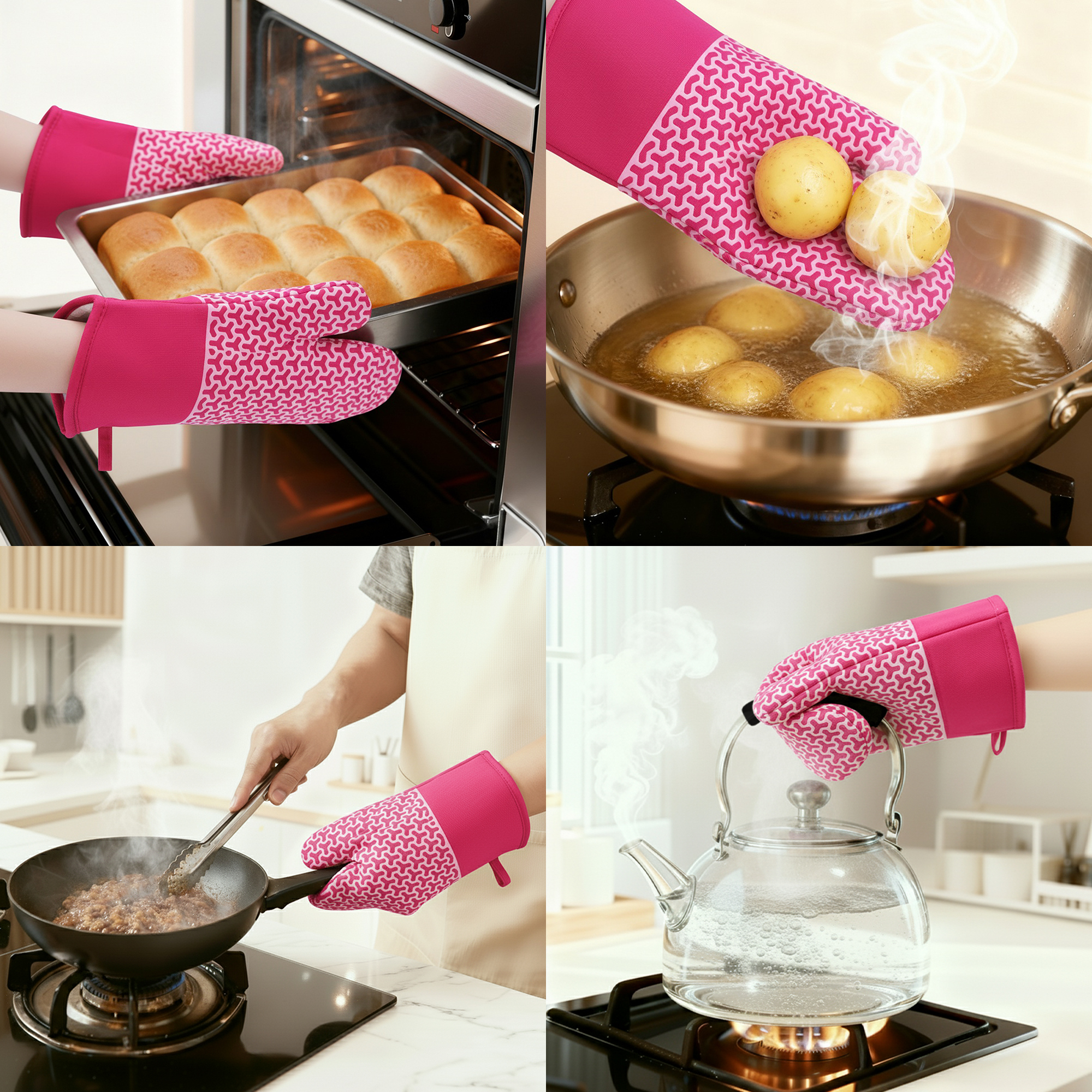 Unique Bargains Heat Resistant Cooking Gloves Flexible Gripping Rose Red 12.8x7.5inch