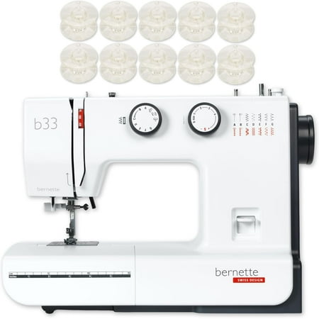 Bernette B33 Swiss Design Sewing Machine – Mechanical, Heavy-Duty, Portable, 15 Built-In Stitches, 5mm Stitch Width, Front-Loading Bobbin, Semi-Automatic Threader, Cutter,10 Bobbins & Accessories