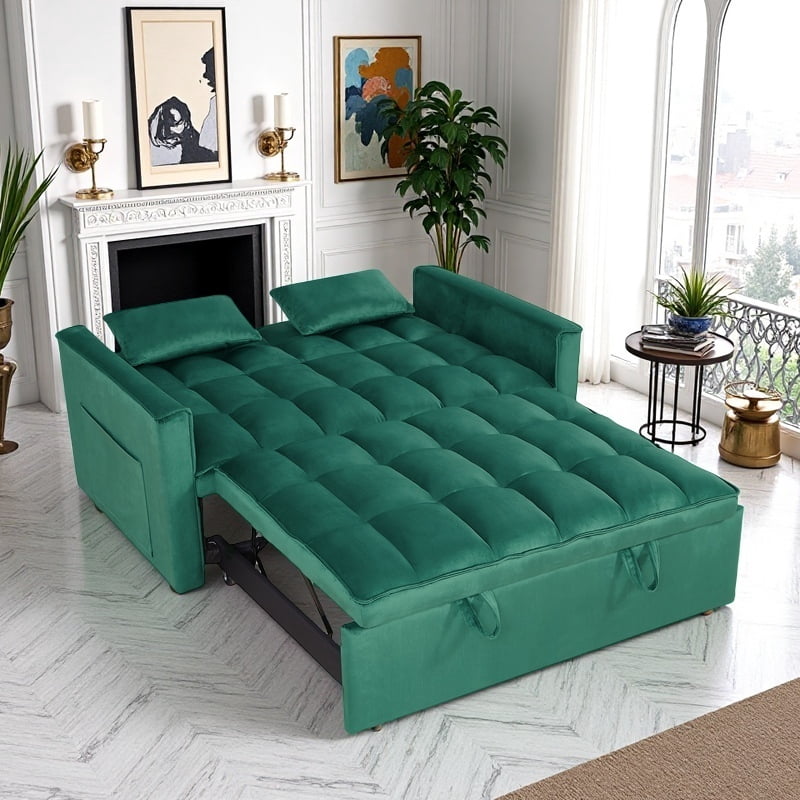 BSHTI 54" Fold out Sleeper Sofa Bed,Convertible Twin-Size Bed,With 3 Angles Adjustable Backres,Velvet Upholstery,Easy Assembly, Green