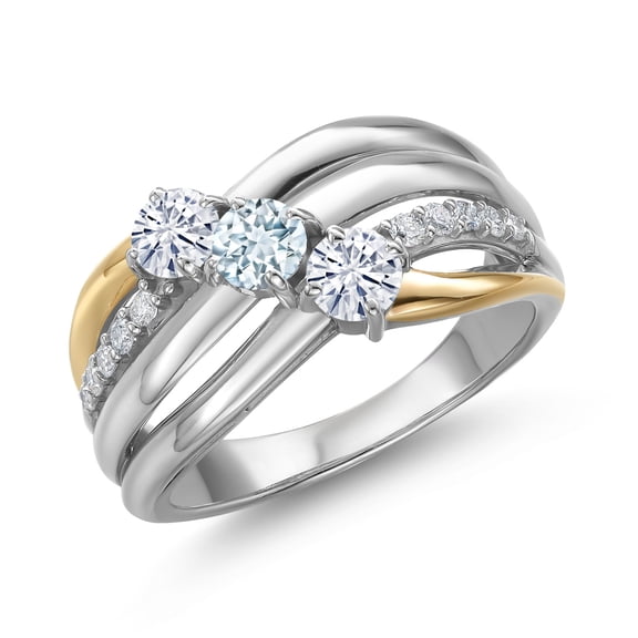 Gem Stone King 925 Silver and 10K Yellow Gold Moissanite and Sky Blue Aquamarine and Lab Grown Diamond Engagement Ring for Women | 0.86 Cttw | Round 4MM | Birthstone | Size 6