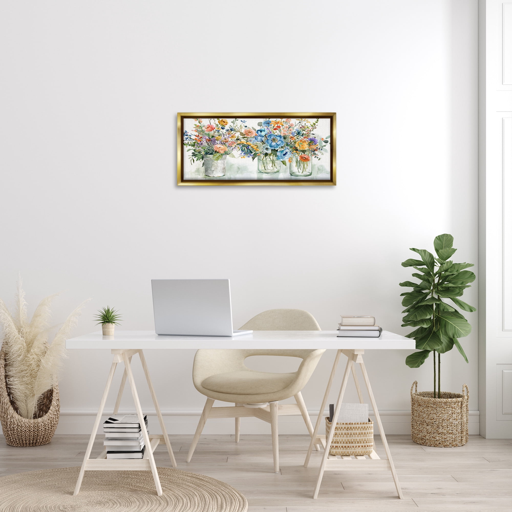 Stupell Industries French Cottage Flower Jars Botanical & Floral Painting Gold Floater Framed Canvas Art Print Wall Art, 31 x 14
