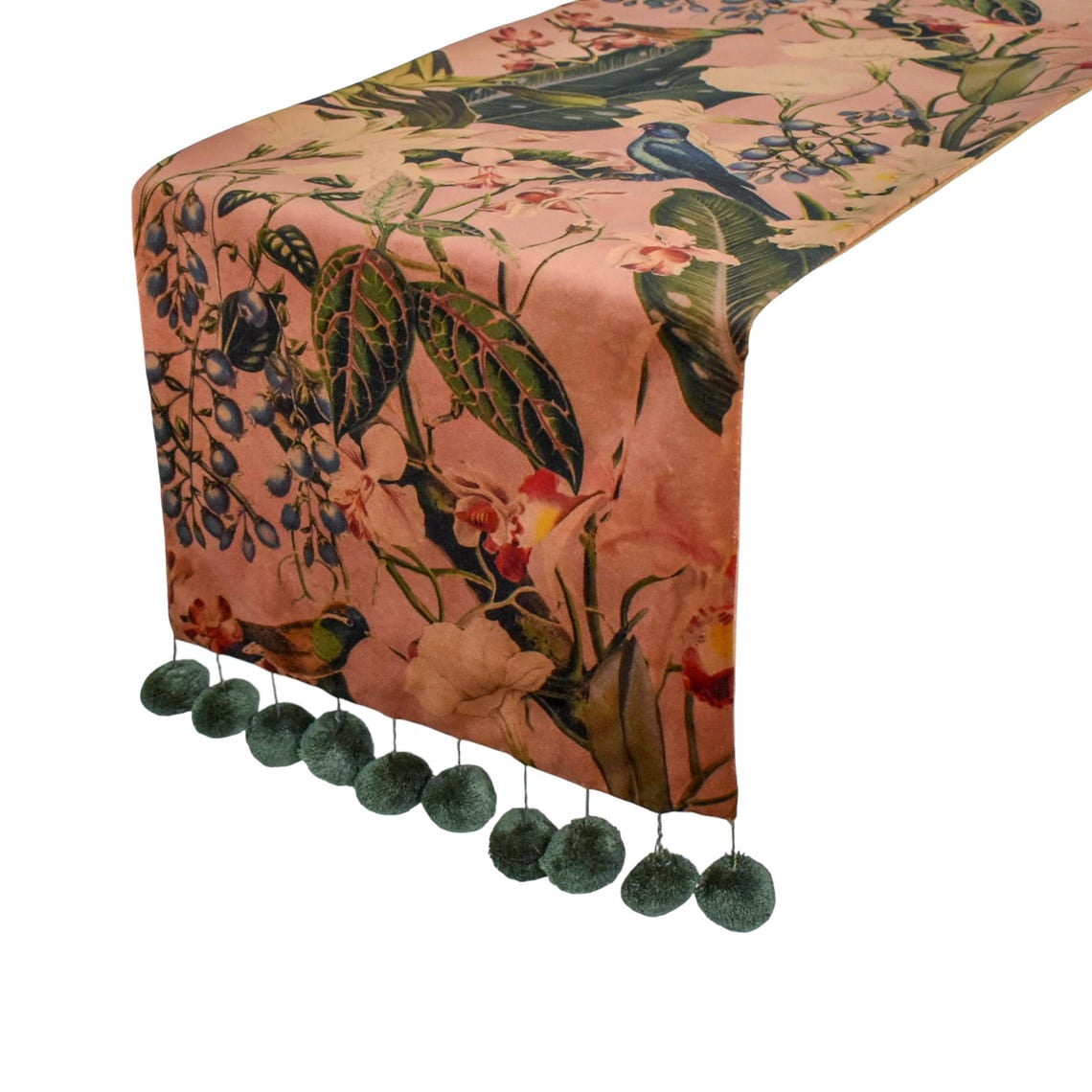 Rust Decorative 8 Seater Table Runner (16 x 108 inch) | Modern Velvet Floral Table Linen | Fall Hosting Pom Poms, Bird Table Runner for Party, Dining Table Décor - Fauna Flow