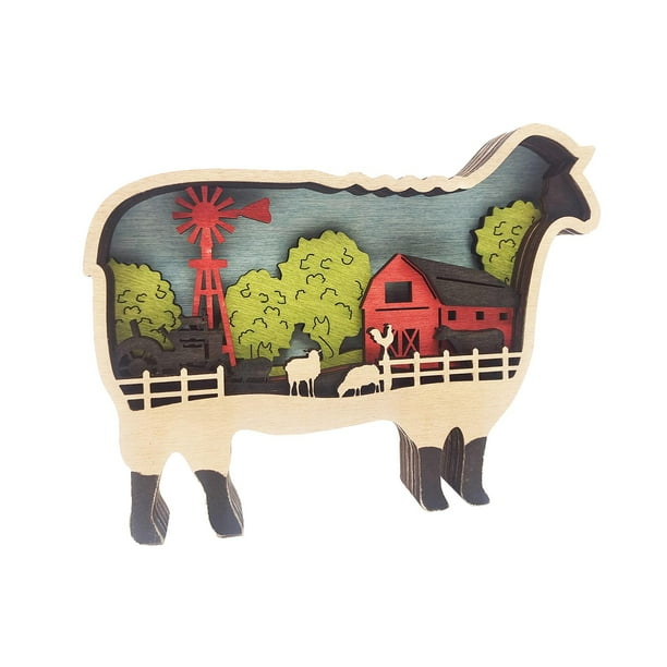Adornos de animales de madera retro para escritorio, escultura de madera tallada con grabado ahuecado y LED Oveja