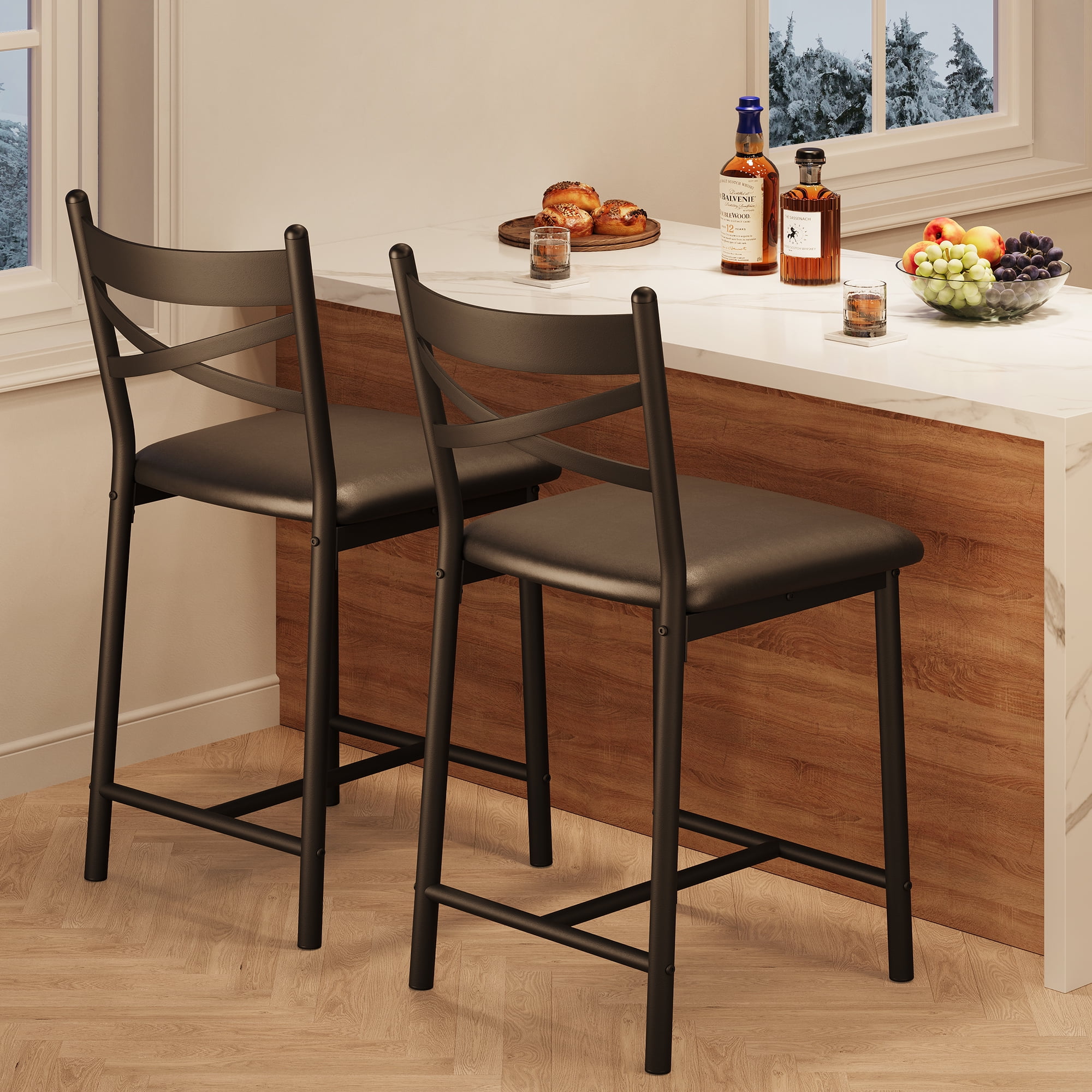 Twister.CK Bar Stools Set of 4, Faux Leather Upholstered Bar Chair with Back & Footrest & Thick Cushion, Counter Height Bar Stools for Kitchen Island Apartment, Golden
