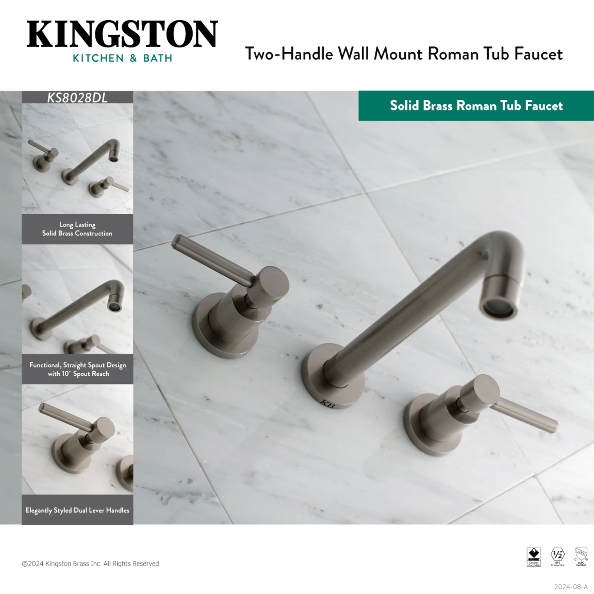 Kingston Brass KS8020DL Concord Two-Handle 3-Hole Wall Mount Roman Tub Faucet in Matte Black