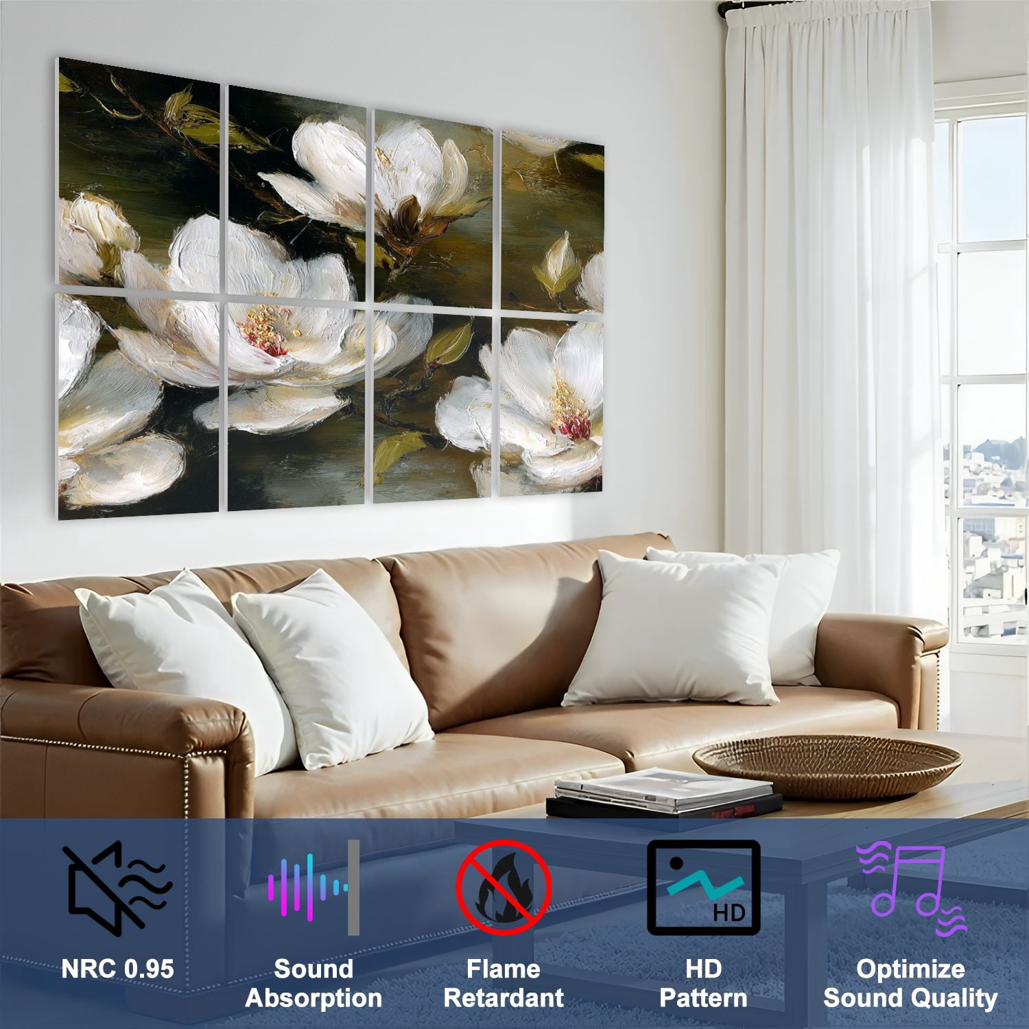 8 Pack Art Acoustic Panels Sound Absorbing White Magnolia Flowers an Decorative Soundproof Wall Panels Self Adhesive for Nursery Game Room Bedroom 48"x32"