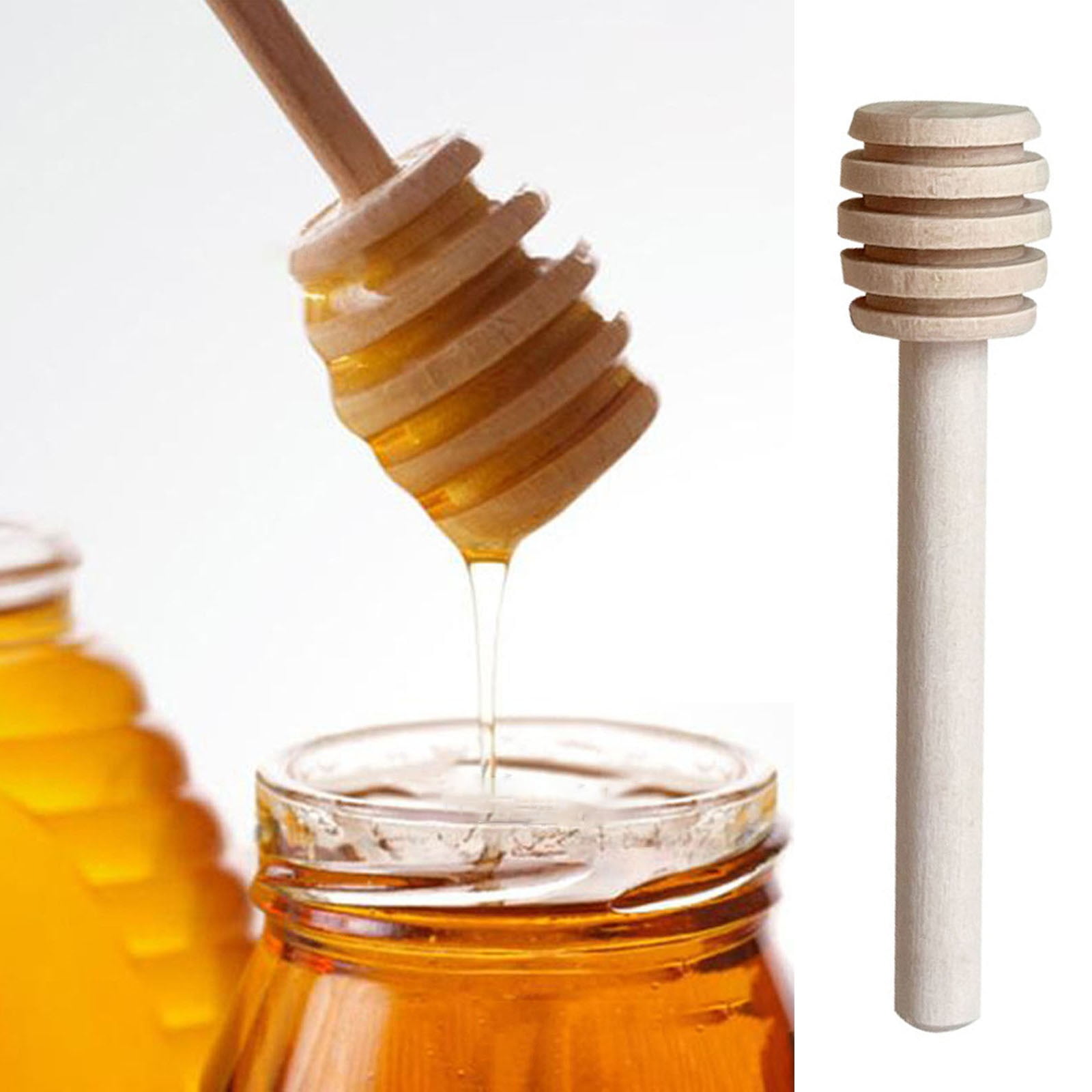 4PCS Wooden Honey Dipper Set Honey Mixing Stirrer Spoon Syrup Jam Drizzling New