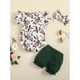 thumbnail image 3 of Newborn Girl Short Pants Outfits, Short Sleeve Leaf Printed Romper + Solid Color Shorts +Headband Set, 3 of 9
