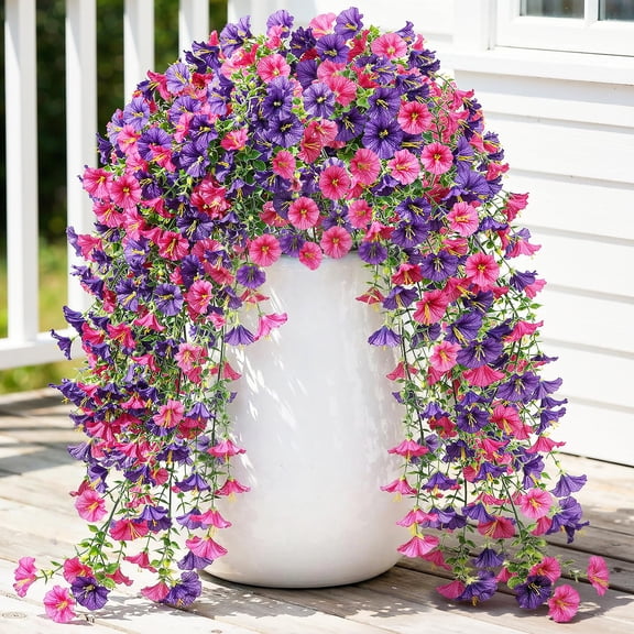 Lewondr Artificial Fake Hanging Flowers Plants for Outdoor Summer Decoration, 2 PCS Faux Silk Red Purple Morning Glories, 29.5'' UV Resistant Realistic for Outside Planter Porch Patio Balcony Decor