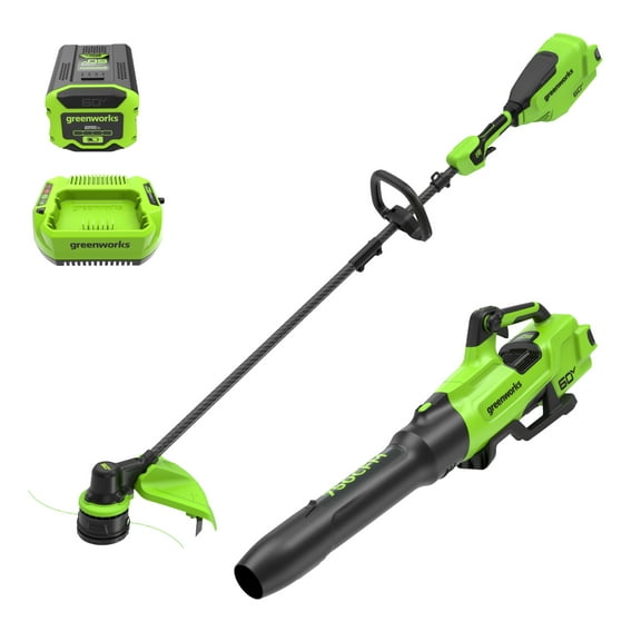 Greenworks 60V 16" Front Mount Carbon Fiber String Trimmer, 750 CFM at 180 mph Blower Kit   2.5Ah Battery & 3A Charger