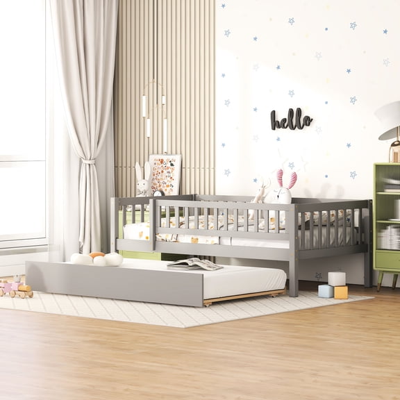Twin Size Daybed With Trundle And Gray Fence Guardrails - Stylish Bedroom Option Modern Functional