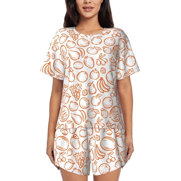 Balery Simple Fruit Conjunto de Pijama para Mujer con Estampado, Dos Piezas de Manga Corta y Shorts, Ropa de Dormir Suave con Cuello Redondo y Bolsillos-Medium