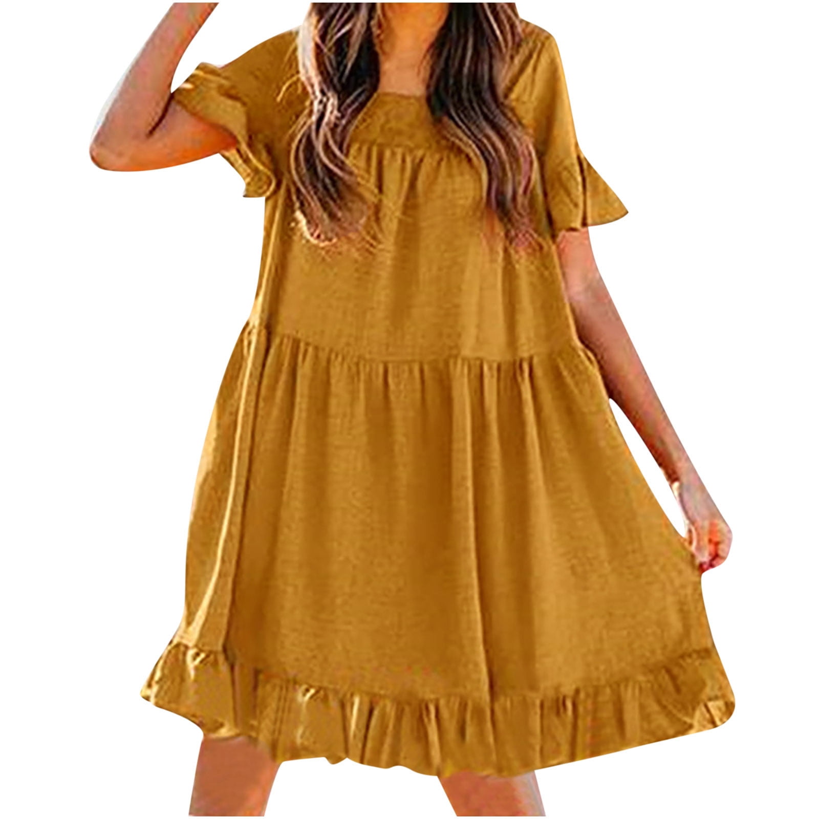 Casual Dresses for Women Square Neck Solid Ruffle Babydoll Dress Short