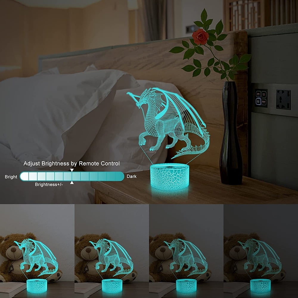 Children's LED Night Light, 3D Dragon Illusion Lamp for Bedroom Decor, Remote-Controlled 16-Color Changing, Perfect as a Christmas or Birthday Gift