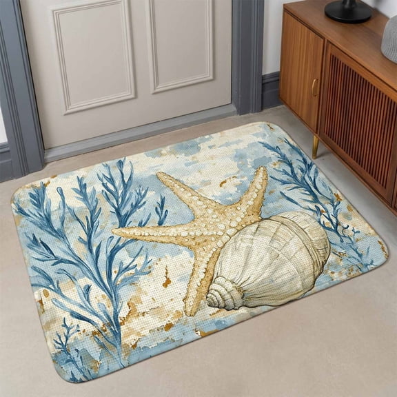 Ocean Life Front Door Mat Indoor Entrance, Marine Coral Shell Algae Starfish Oil Painting Absorbent Dirt Resist Welcome Mats Non-Slip Low-Profile Doormat Washable Entry Rug Indoor Outdoor 17x30 Inch