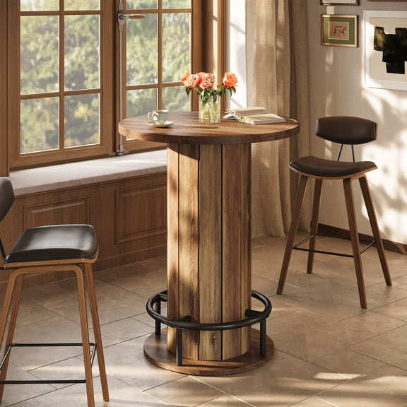 Finmind 39.4" Round Bar Table, Farmhouse Bistro Pub Table with Metal Ring Footrest for Living Room, Small Space, Brown