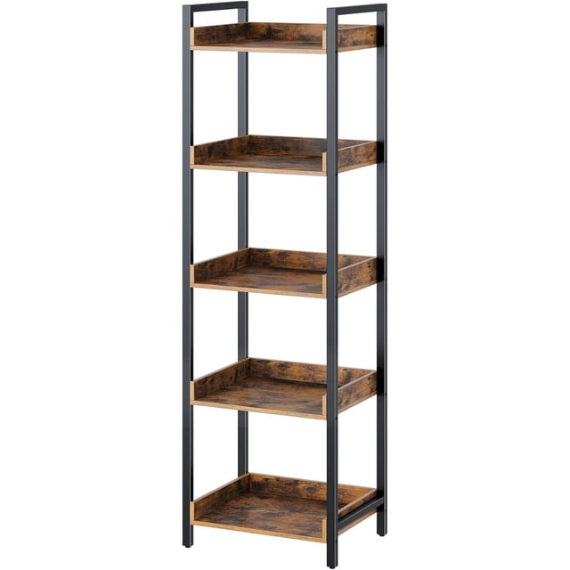Rolanstar Bookshelf Tier with Hooks Industrial Wood Bookcase Vintage Storage Rack with Open Shelves Rustic Standing Bookshelves Metal Frame Display Rack for Living Room Bedroom