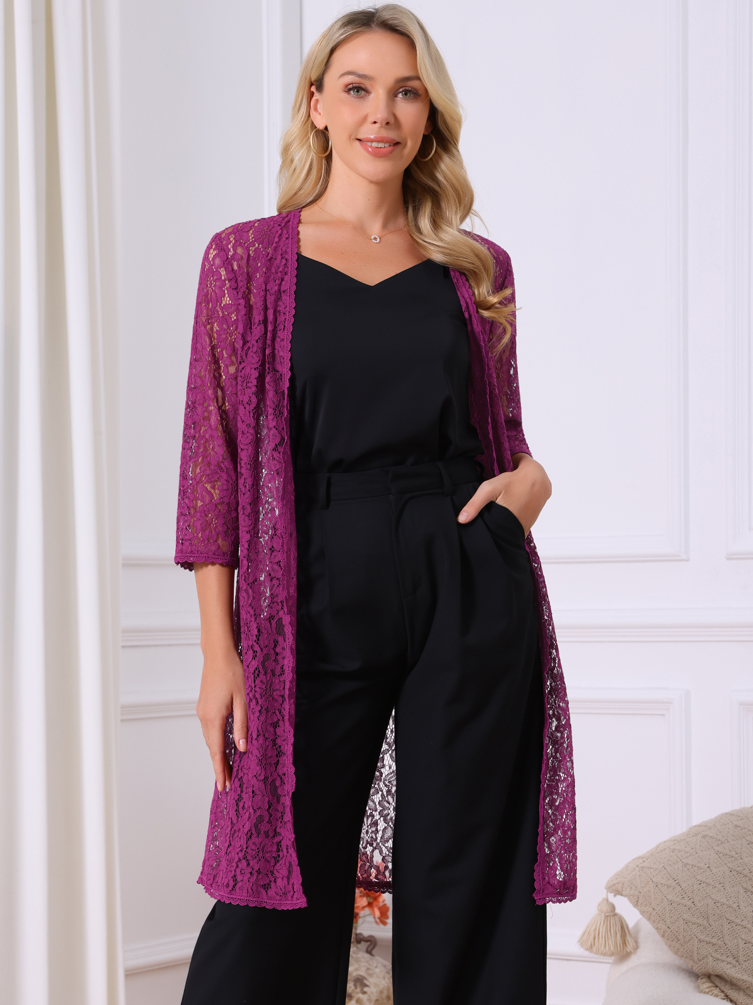 DARING DIVA Lace 3/4 Sleeve Crochet Open Front Long Cardigans XL Purple