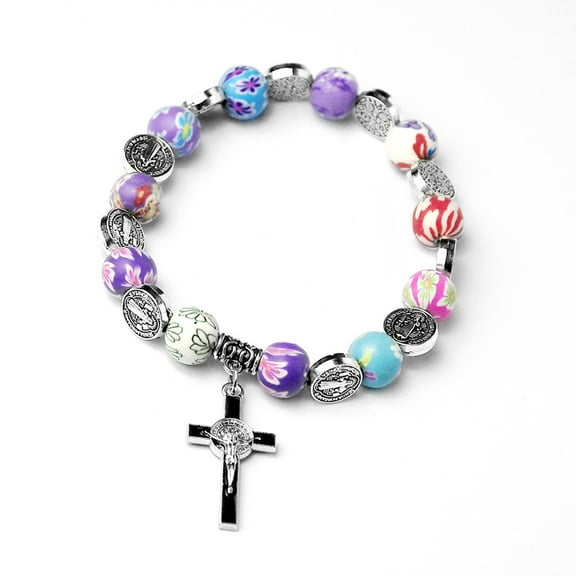 Catholic Cross Rosary Bracelet with Colorful Crystal Beads Wristband Rosary Beaded Bracelet Religious Jewelry for Women