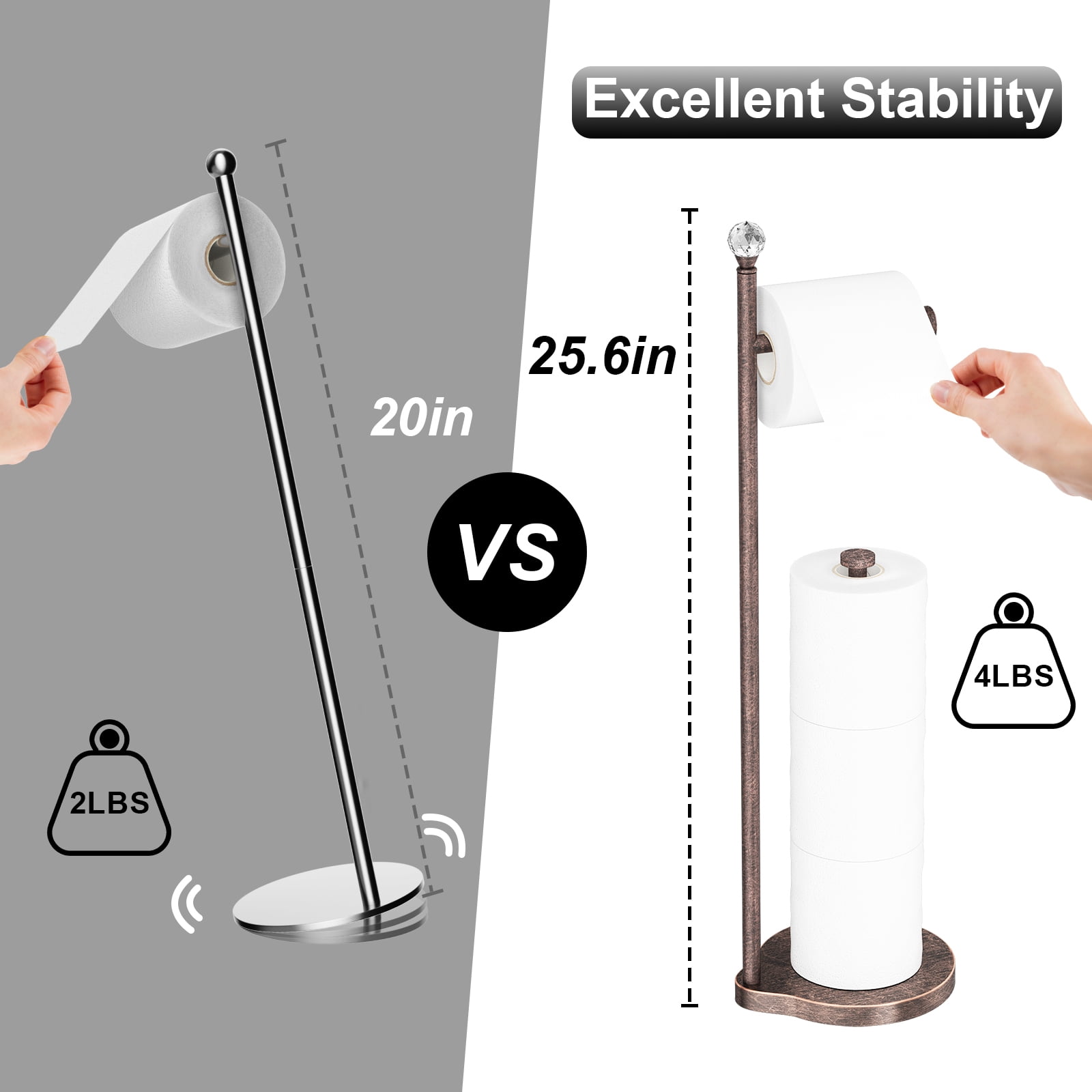 Toilet Paper Holder for Bathroom, Heavy Weighted Metal Free Standing Toilet Paper Storage with Crystal Ball, Toilet Paper Stand for Bathroom Accessories, Oil Rubbed Bronze [Holds MEGA Rolls]