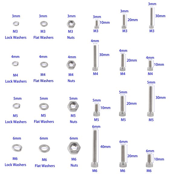 GHRTGR-Screws and Nuts M3 M4 M5 M6 Bolts and Nuts kit 520pcs 304 Stainless Steel Metric Hex Socket Head Cap Machine Screws Flat Washers Spring Washers Assortment Kit