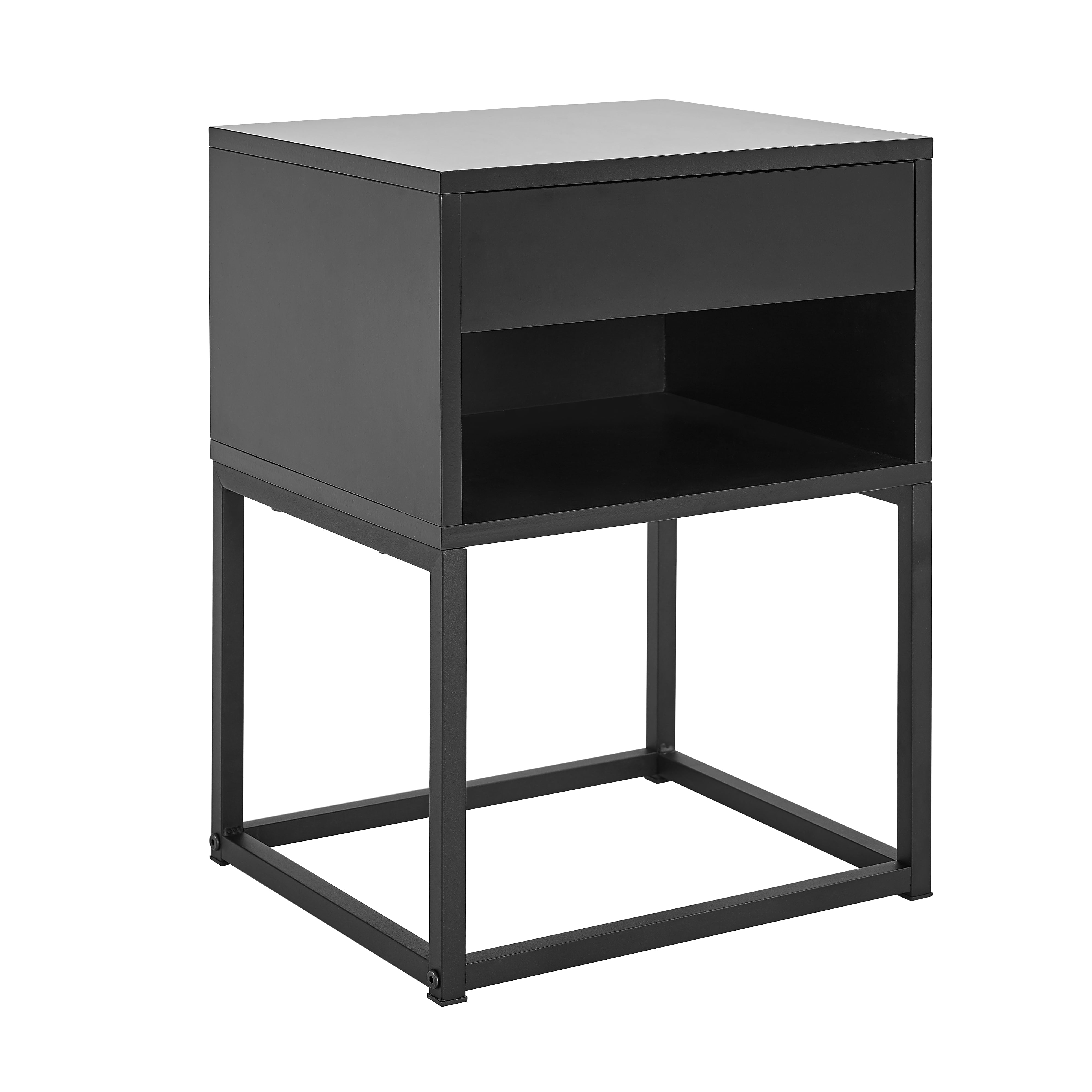 MUSEHOMEINC End Table with drawer and shelf, Metal Legs - Black Finish
