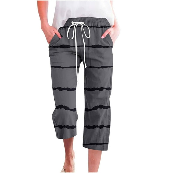 Mrat Women's Capris Pants Pockets Wide Leg Elastic Straight Women Capris Trousers Loose Summer Capris Trousers Casual Summer Cropped Pants Dark Gray L
