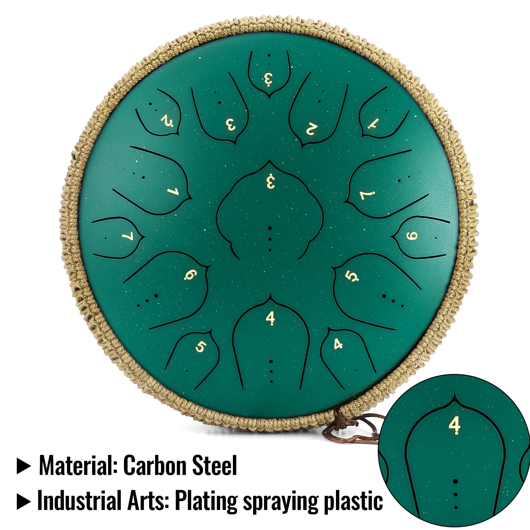 Steel Tongue Drum-14" 15 Note Tongue Pan Drums for Adults, D Major, Carry Bag, Green