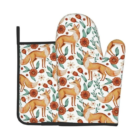 

KLL Foxes and Floral Harmony Pattern Oven Mitts and Pot Holders 2pcs Sets for Kitchen Oven Mitt Heat Resistant 536°F Oven Gloves for Kitchen Cooking and Baking