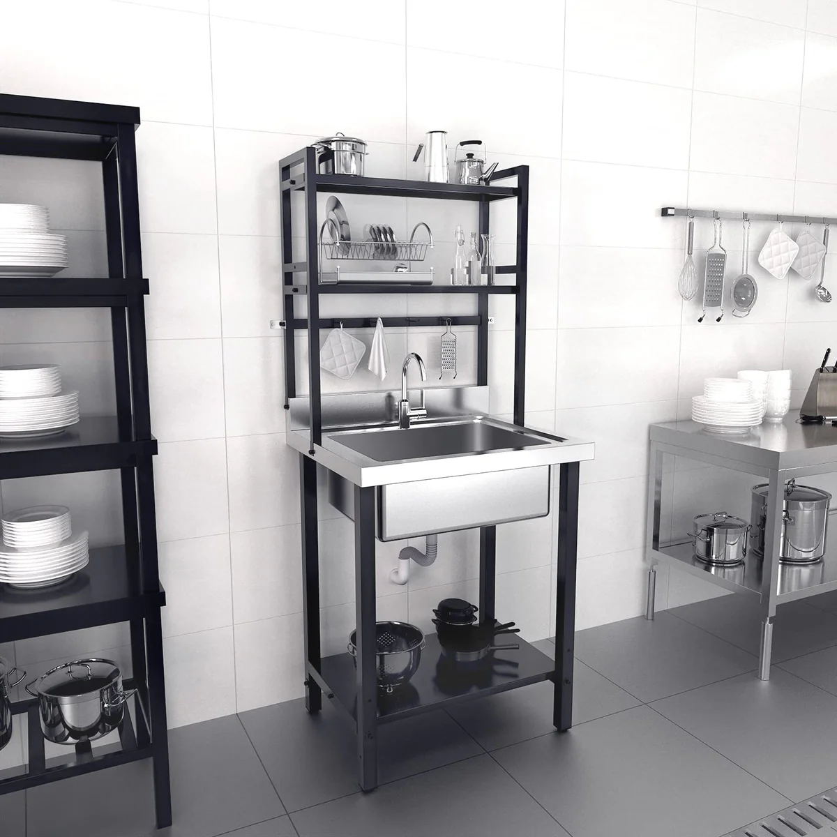 Ktaxon 28" × 24" Stainless Steel Utility Prep Sink with Adjustable Shelves, One Compartment Freestanding Sink with Backsplash & 3.5" Drain
