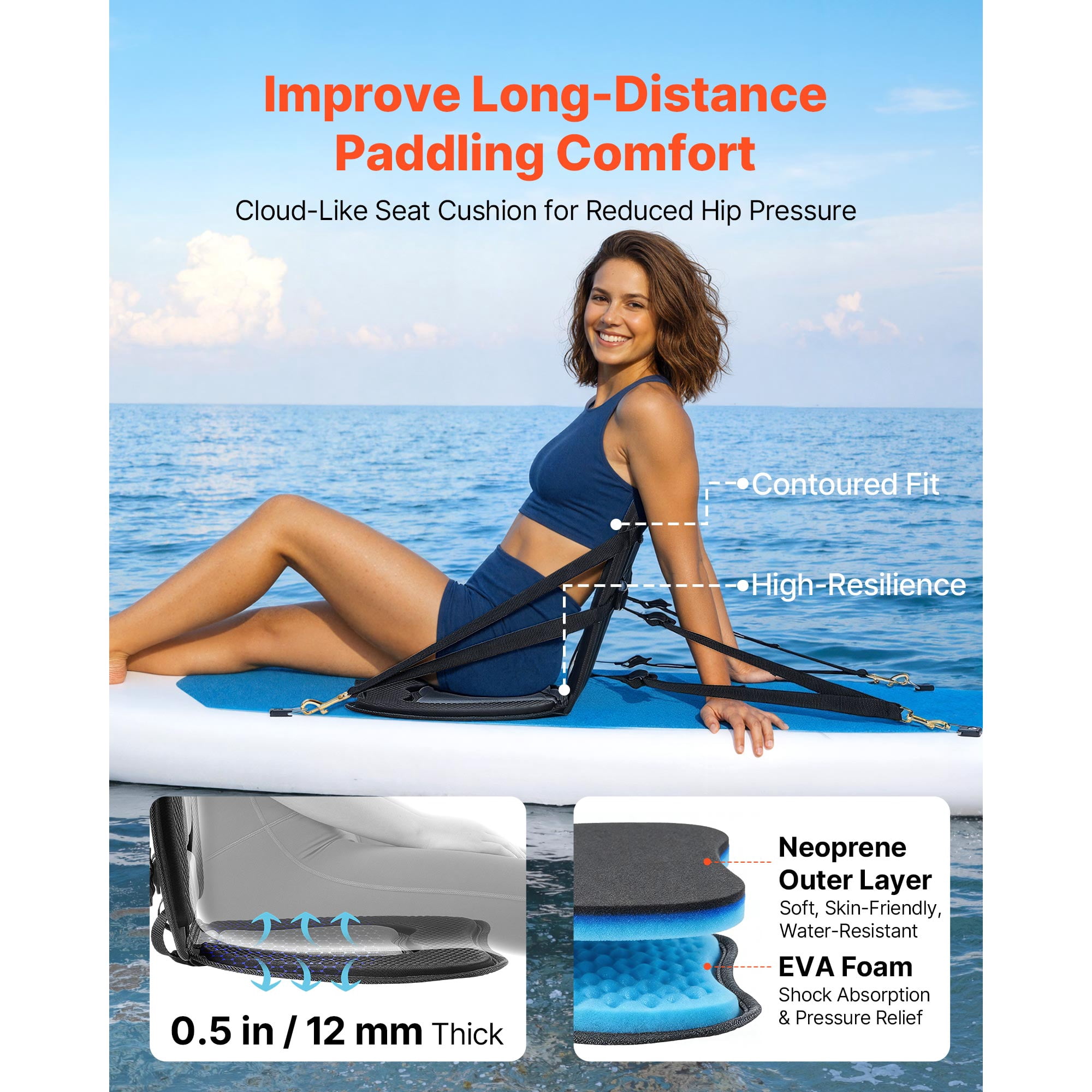 KFFKFF Kayak Seat, 2-Pack 0.5" Thick, Universal Paddle Board Seat with Backrest, Comfortable Padded Cushion Featuring Storage Bag & Adjustable Straps for SUP, Canoe, Fishing Boat,and Inflatable Kayak