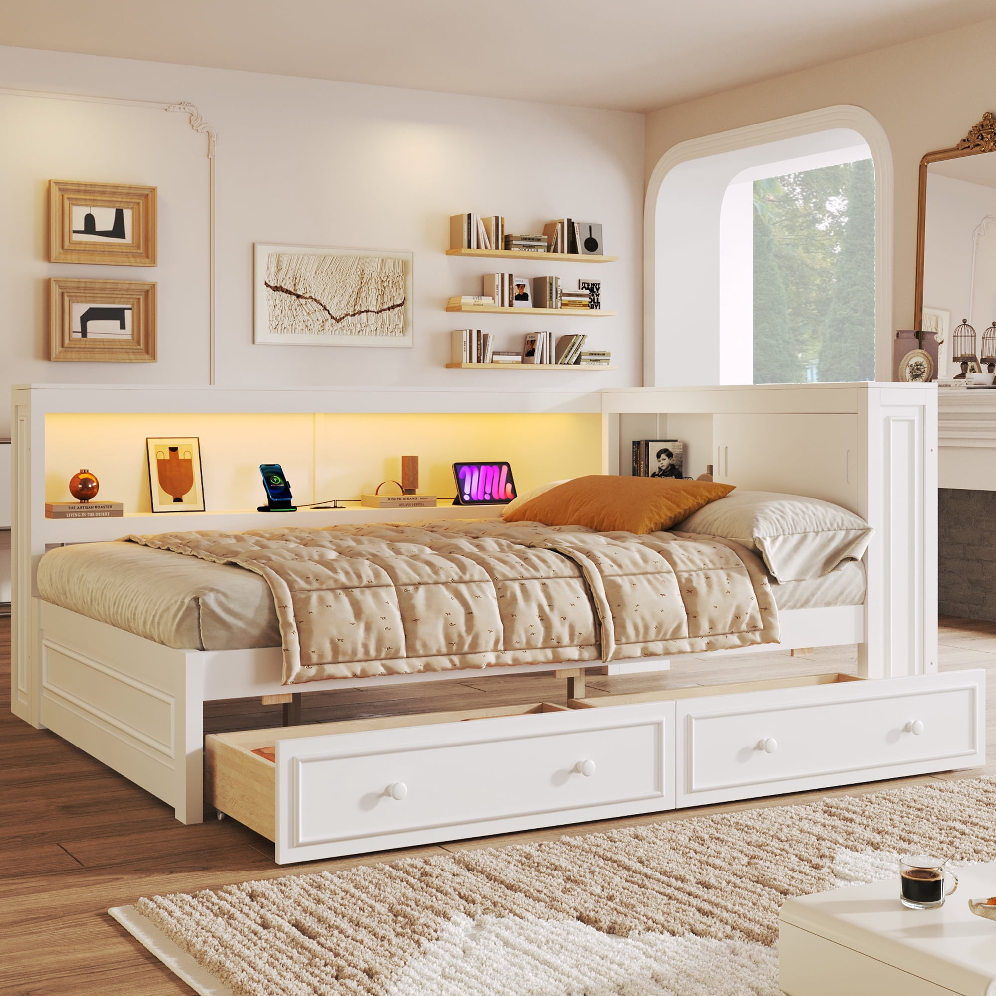 Euroco Full Size Wood Daybed with Storage Shelves and Drawers, Platform Bed with LED Light and USB Ports, White