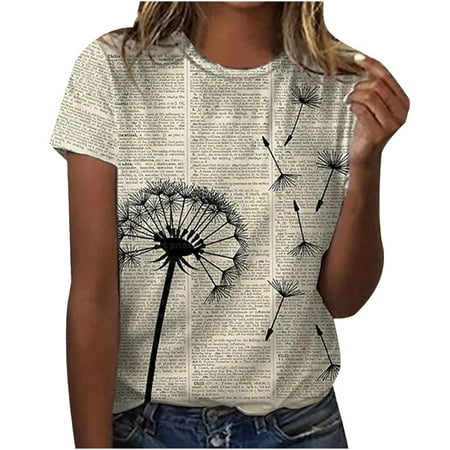 Womens Clothes Tops Summer Deals, Adult Fashion Woman Round Neck Short Sleeve Tops T-Shirt Prints Loose Blouse