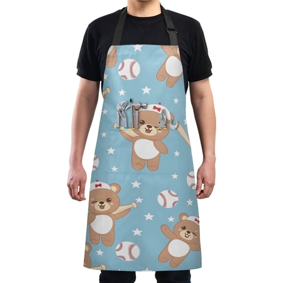 Cute Bears Play Baseball Kitchen Apron with 2 Pockets Adjustable waterproof Cooking Aprons for Women Men Chef