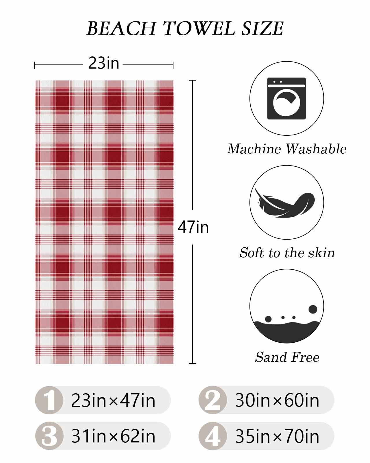 Red Checkered Beach Towels Oversized Super Absorbent, Red White Plaid Farmhouse Lightweight Bath Towel Quick Dry Sets For Bathroom/Pool/Rv Camping/Beach Play/Gym Room/Picnic 23"x47"