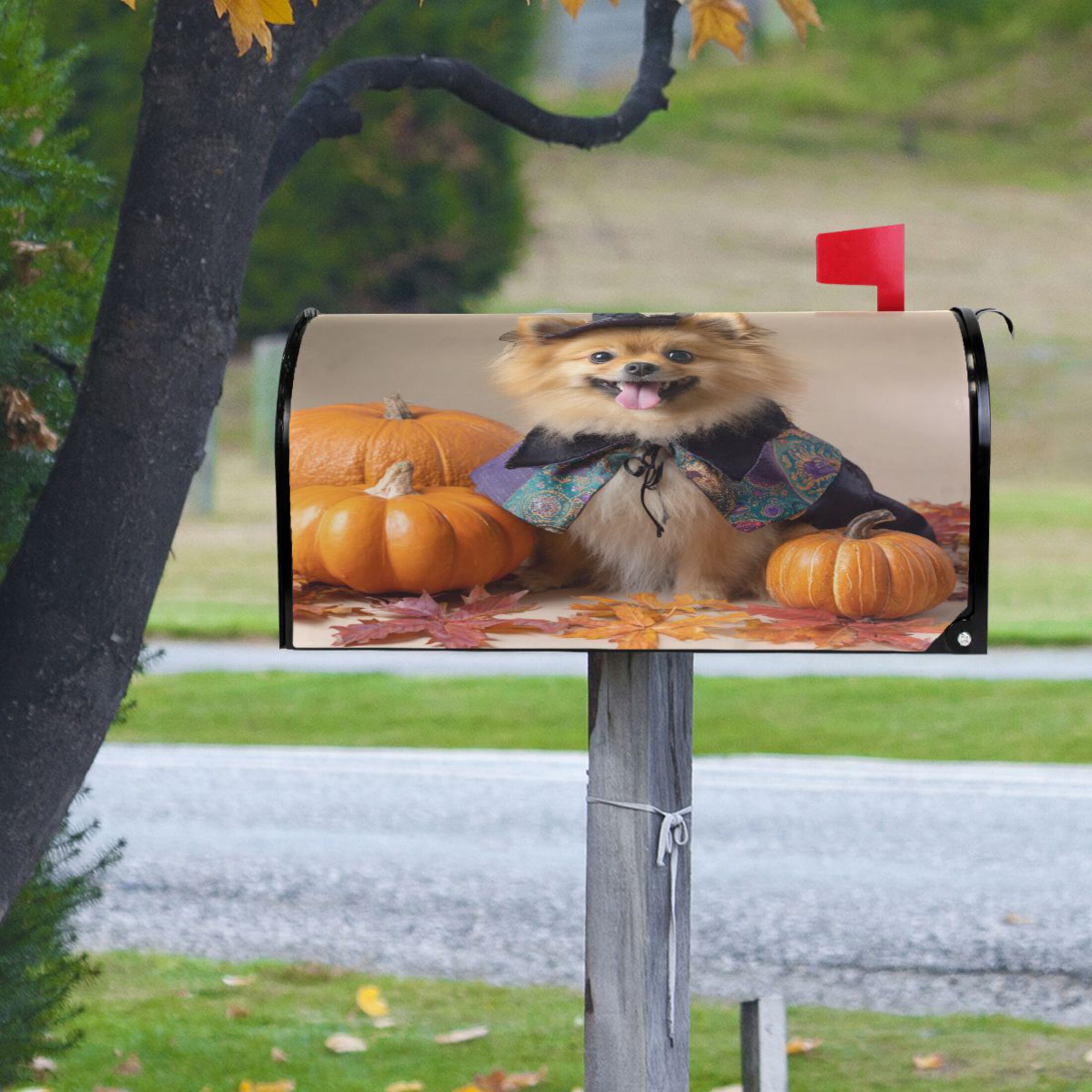 25.4x20.78" Magnetic PVC Mailbox Cover Letter Box Cover Mailbox Wraps Post for Holiday Garden Yard Decor Cute Pomeranian Dog and Pumpkins