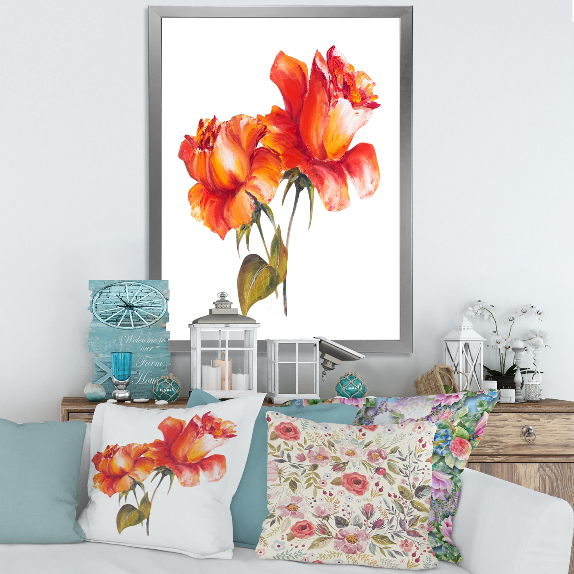 Designart 'Two Blossoming Red Roses On White' Traditional Framed Art Print