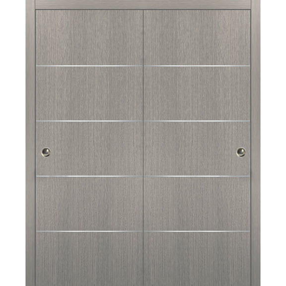 Sliding Closet Bypass Doors with hardware | Planum 0020 Grey Oak | Sturdy Rails Moldings Trims Hardware Set | Modern Wood Solid Bedroom Wardrobe Doors-36" x 84" (2* 18x84)