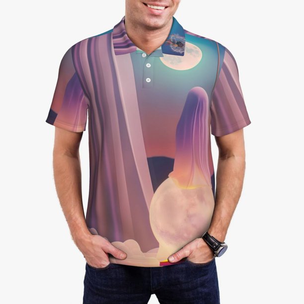 Fotbe Dreamy Moonlit Window Camiseta Polo de Golf para Hombre con Estampado – Camisa Deportiva Transpirable con Cuello Abotonado-X-Large