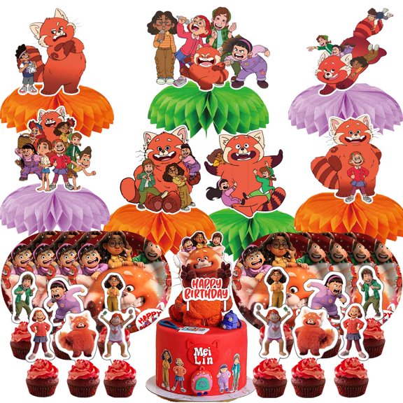Turning Red Party Supplies Decor Plates Fans Decorations Honeycomb Centerpieces Cake Toppers
