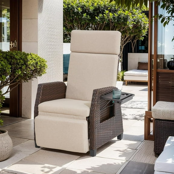 Yalissey 1PC Patio Outdoor Wicker Adjustable Recliner with Cushion and Flip-Up Table