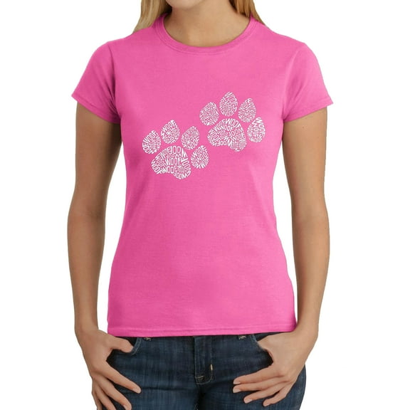 LA Pop Art Women's Word Art T-Shirt - Woof Paw Prints