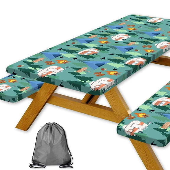 Picnic Table Cover with Bench Covers and Bag, Forest Tree RV Tents Windproof, Fitted Tablecloth Cover with Elastic Edge, Camping Essentials, for Outdoor, Garden, 3 PCS, 30x72 Inch